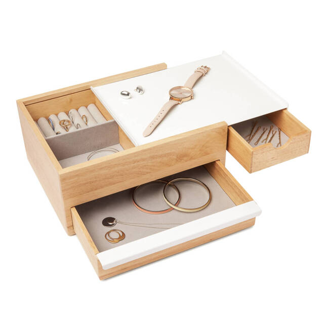 Stylowe i wyjątkowo przydatne pudełko na biżuterię Stowit - drewno naturalne, biały lakier